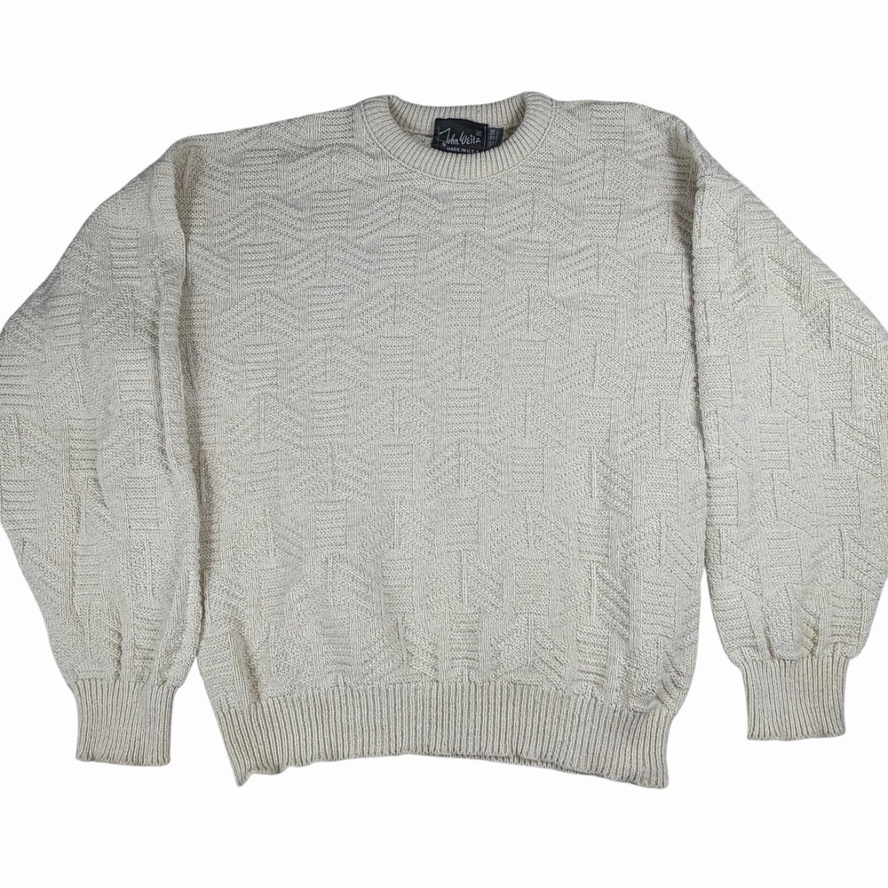 Vtg 80s 90s Textured Sweater Sz Med Cream White Made‎ In USA Geometric Grandpa